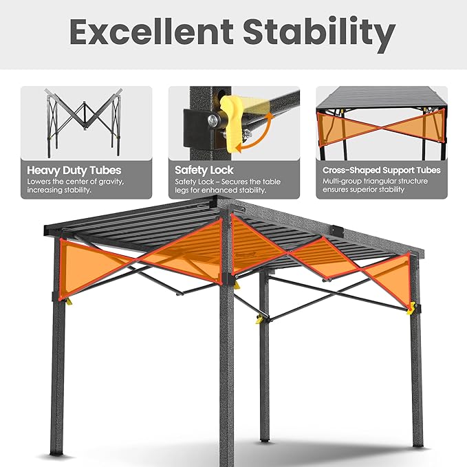 Portable Outdoor Camping Table Large for 2-6 Person - Foldable Camp Table with Aluminum Roll-Up Top & Carry Bag for BBQ, Tailgating, Backyard, 220 Lbs Capacity, Stable & Sturdy (Black)-VerdiqueGarden