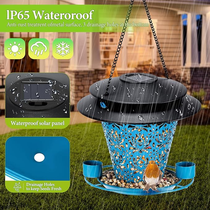 Solar Bird Feeders for Outside Hanging Metal Wild Bird Feeder Solar Lanterns Outdoor Waterproof Garden Decor for Yard Blue-VerdiqueGarden