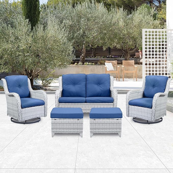 5 Piece Outdoor Patio Furniture Set - Patio Wicker Furniture Conversation Set, Outdoor Swivel Rocker Chairs with Loveseat Sofa and 2 Ottomans for Small Space, Blue Cushion-VerdiqueGarden