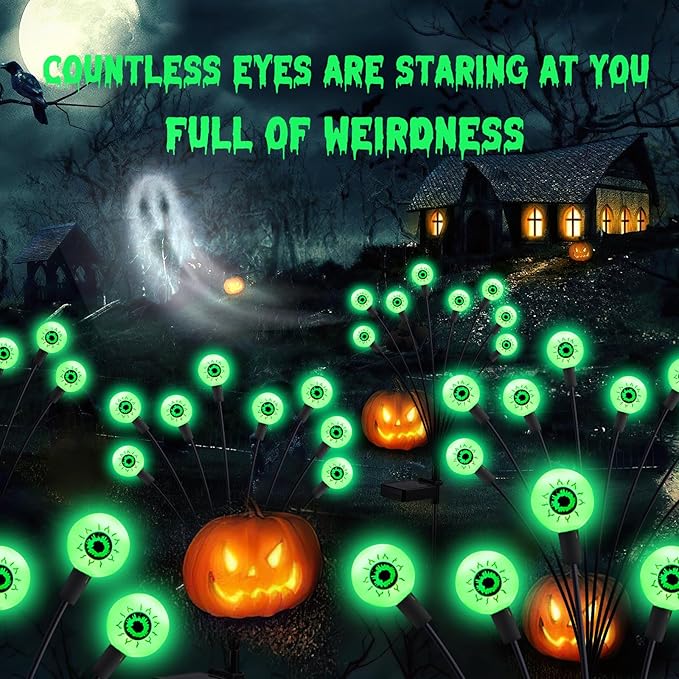 ASMAD Halloween Decorations Outdoor Solar Scary Eyeball Lights, 4Pack 32LEDs Green Eyeball Swaying Firefly Light, Waterproof Halloween Path Lights for Garden/Yard/Patio/Party Decor-VerdiqueGarden