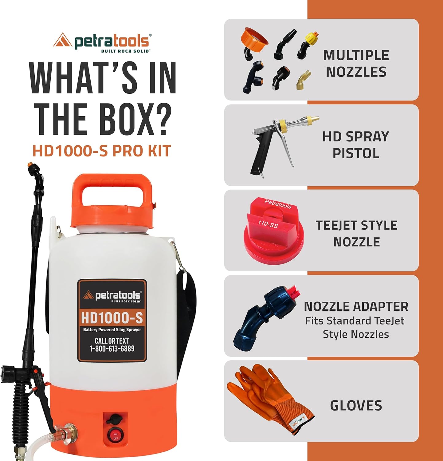 PetraTools Battery Powered Sprayer 1 Gallon - HD1000-S - Heavy Duty Electric Sprayers in Lawn and Garden for Weed/Pest Control, Watering & More - with 8 Nozzles & Strap (1 Gallon ProKit)-VerdiqueGarden