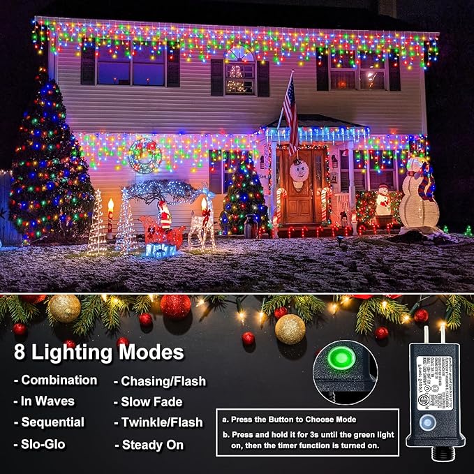Icicle Lights for Outside, 33FT 400 LED Christmas Lights Outdoor Indoor with 8 Modes 75 Drops, Waterproof Connectable Twinkle String Light for Patio Yard Garden Wedding Party Decor, Multicolor-VerdiqueGarden