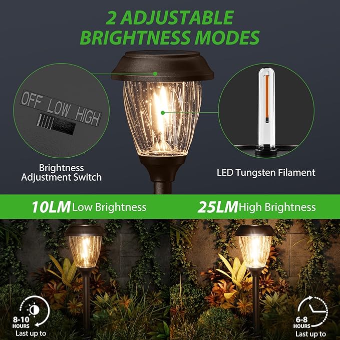 XMCOSY+ Solar Lights Pathway Outdoor - 2 LED Modes 10/25 LM Solar Powered Yard Garden Lighting, Waterproof IP65 Glass Stainless Steel Landscape Lights for Driveway Walkway Sidewalk Decor (Warm White)-VerdiqueGarden