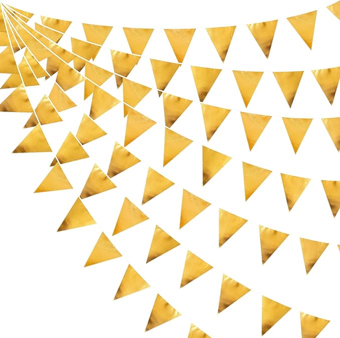 Gold Party Decorations Metallic Fabric Triangle Pennant Banner Gold Flag Bunting Garland for Graduation Birthday Wedding Anniversary Bridal Shower Bachelorette Engagement Hen Party Decoration Supplies-VerdiqueGarden