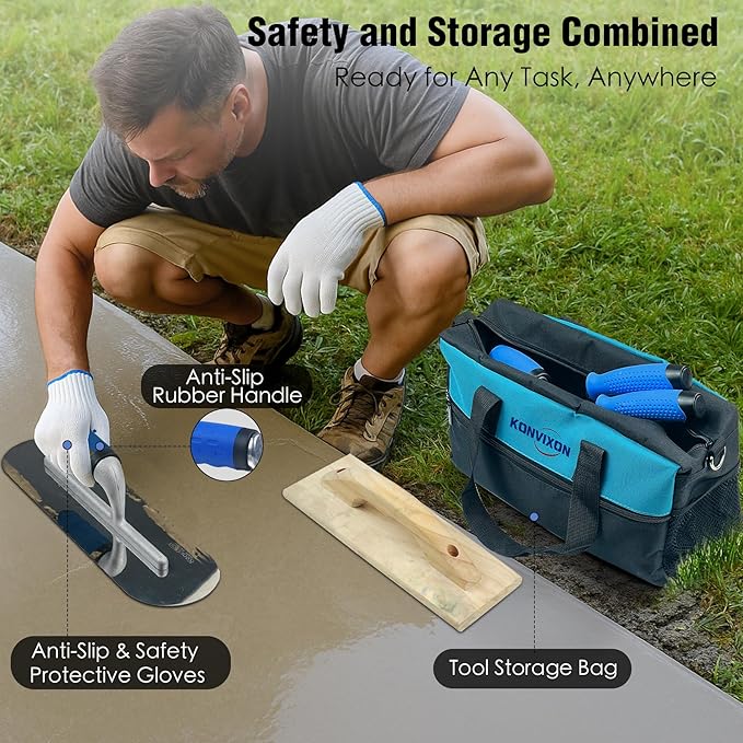 10PCS Concrete Trowel Set, Masonry Hand Tool Set Includes Large Flat Finishing and Pool Trowel, Wood Float, Concrete Edger and Groover, Margin Gauging, Wire Twister, Gloves & Carry Bag-VerdiqueGarden