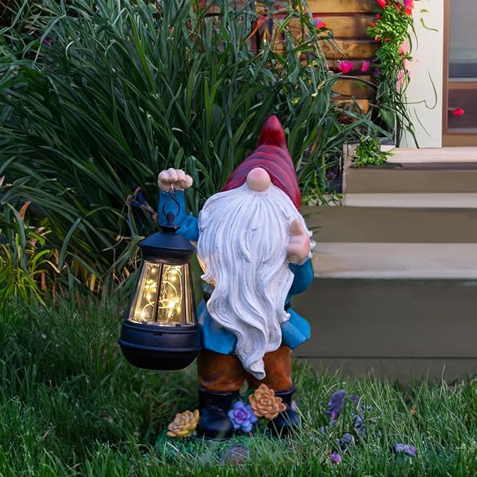 Solar Garden Statue Lights Gnome Figurine with Solar Lantern, Outdoor Garden Succulent Ornaments Waterproof Christmas Decoration for Outside Patio Yard Lawn Decor-VerdiqueGarden