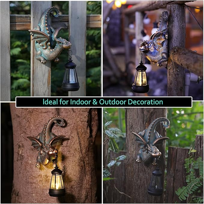 Dragon Solar Garden Statue - Gothic Outdoor Wall Hanging Decor with Solar Light, Fantasy Dragon Figurine for Patio, Yard, or Tree - Unique Whimsical Gift for Adults, Men & Women-VerdiqueGarden