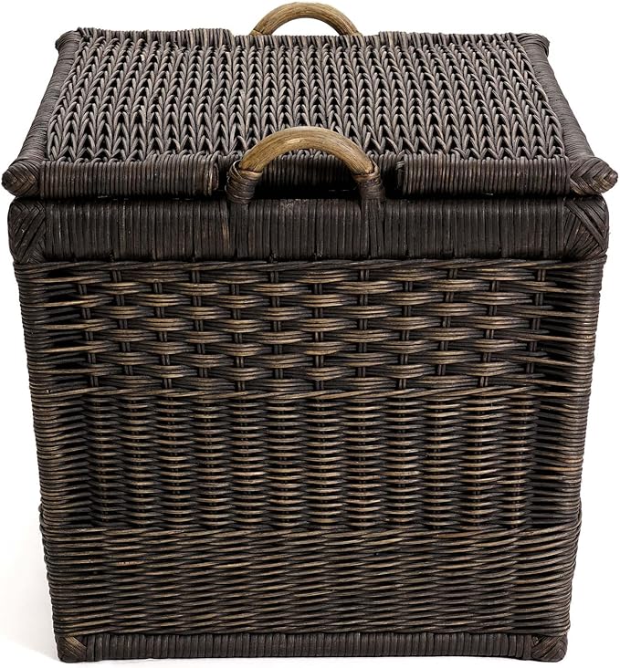 The Basket Lady Lift-Off Lid Wicker Storage Basket, Medium, 20 in L x 15 in W x 14 in H, Antique Walnut Brown-VerdiqueGarden