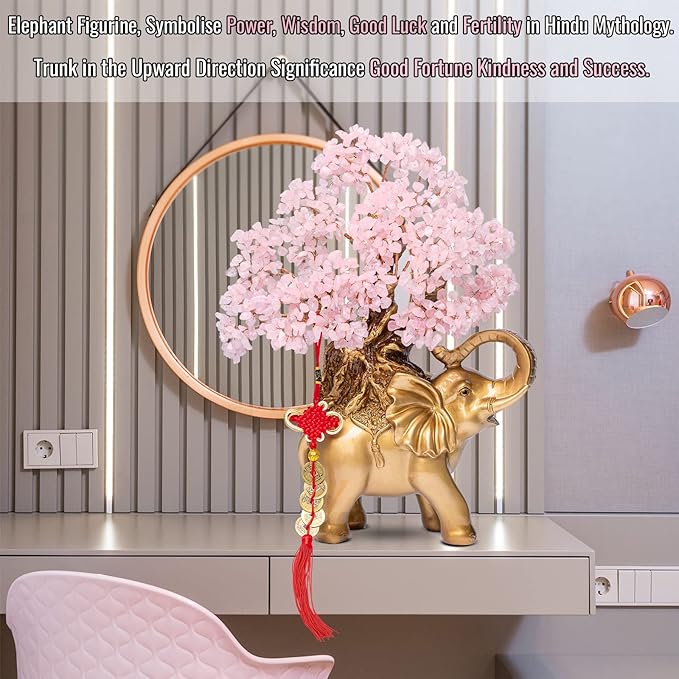 Rose Quartz Crystal Money Tree on Gold Elephant Statue, 17”Large Gemstone Bonsai Tree of Life Home Décor Gifts for Wealth Positive Energy, Feng Shui Décor-VerdiqueGarden