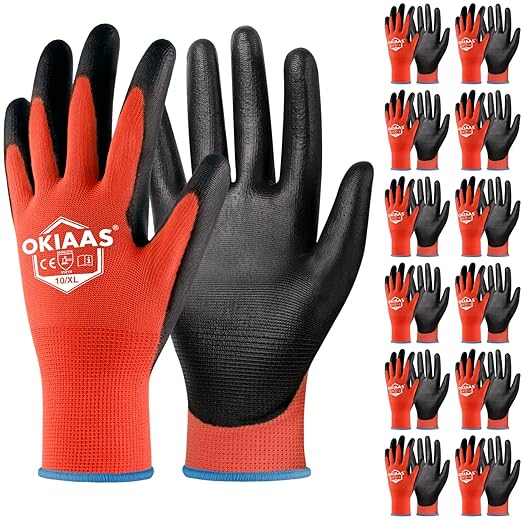 OKIAAS Men's Ultra-Thin and Lightweight Working Gloves with Grip, 12 Pairs, Red, X-Large-VerdiqueGarden