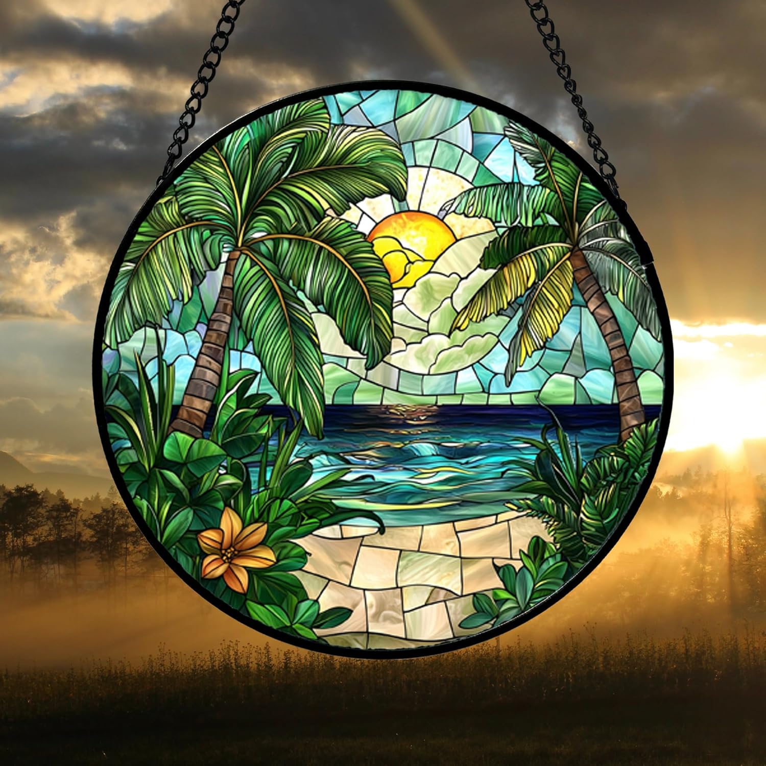 Stained Glass Window Hanging, Green Beach Scenery Suncatcher Diamond Glass Panel Hangings Sun Catchers Decor for Birthday for Women, Men, Wife, Aunt, and Mom 14.9x14.9 in-VerdiqueGarden