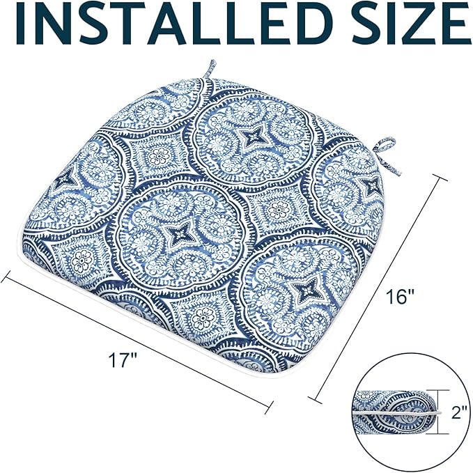 Indoor/Outdoor Chair Cushions 16x17 Inch, Patio Chair Cushions with Ties, All Weather Seat Cushions for Patio Furniture Home Garden Chair Use, Set of 2,Medallion Blue-VerdiqueGarden