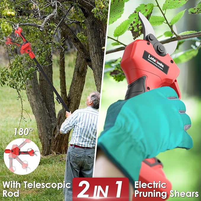 Electric Pruning Shears with Telescopic Rod, 50mm 1.96" Cutting Diameter Cordless Pruner with 2 Rechargeable Batteries, Tree Branch Cutter with SK7 Blade for Gardening Pruning-VerdiqueGarden