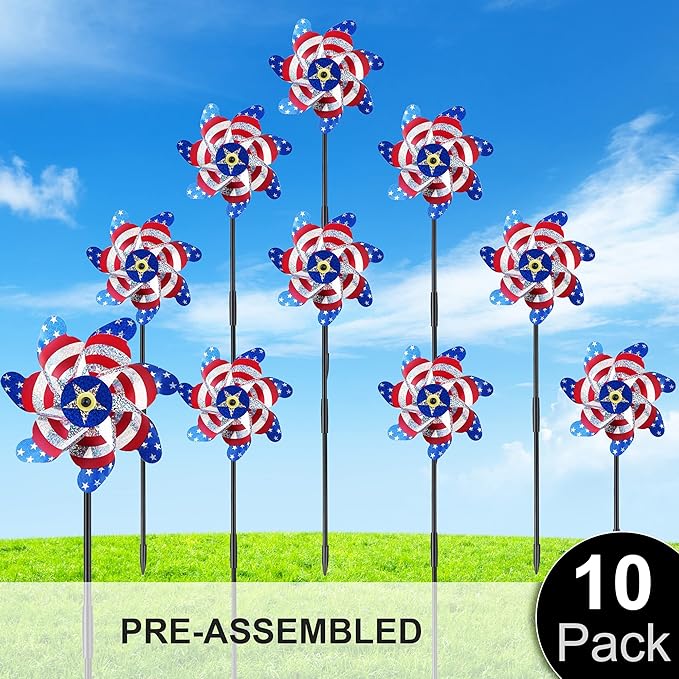 BATTIFE 10 Packs Patriotic Sparkly Reflective Pinwheels for Yard and Garden, American Flags Blinding Birds Pin Wheel Scare Birds & Animal Away, Wind Spinner for 4th of July-VerdiqueGarden