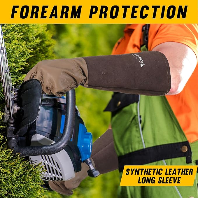 HANDLANDY Long Gardening Gloves for Men & Women, Cowhide Leather Rose Pruning Gloves- Breathable & Durable Gauntlet Glove (Small, Brown)-VerdiqueGarden