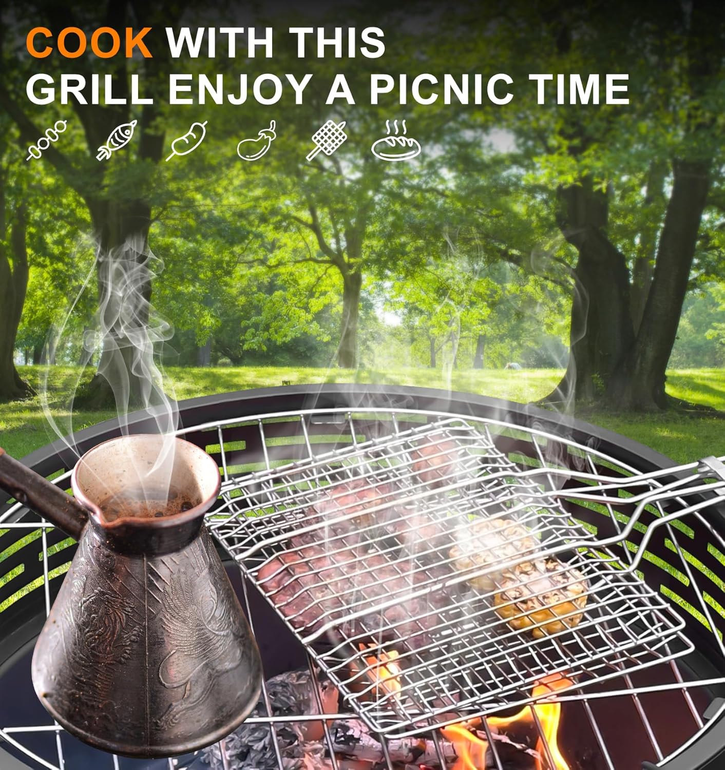 23 Inch Cast Iron Round Fire Pit with Grill, 3-in-1 Outdoor Fire Bowl, Fire Pit Table with Metal Lid and Fire Poker, Wood Burning Firepit for BBQ Bonfire Patio Picnic-VerdiqueGarden