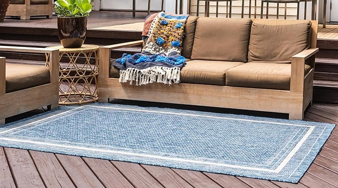 Unique Loom Outdoor Border Collection Area Rug - Soft Border (8' x 11' 4" Rectangle, Blue/ Ivory)-VerdiqueGarden