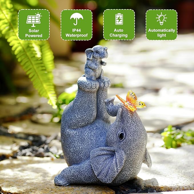 Solar Elephant Statues for Garden Decor - Elephant Handstand Mother&Son Solar Statue with Solar Butterfly,Best Birthday Gifts for Mom,Women-VerdiqueGarden