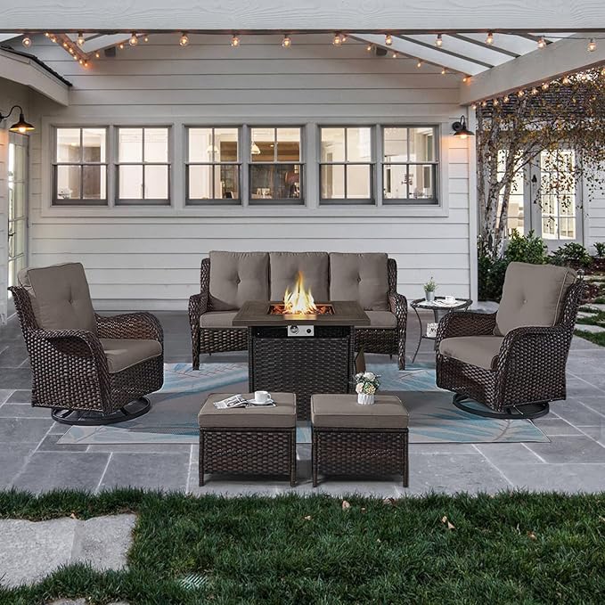 Outdoor Patio Furniture Set with Propane Fire Pit Table, 7 Pieces Wicker Patio Conversation Set with 2 Swivel Glider Rocker Chair Rattan Sofa Grey Cushion Perfect for Casual Gathering-VerdiqueGarden