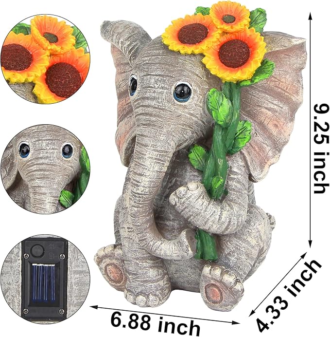 Outdoor Sculpture Figurine Statue Elephant Decor,Solar Garden Statues for Patio Home Yard Decor,Good Luck Sunflower Elephant for Women, Mom Gifts Housewarming Gift-VerdiqueGarden