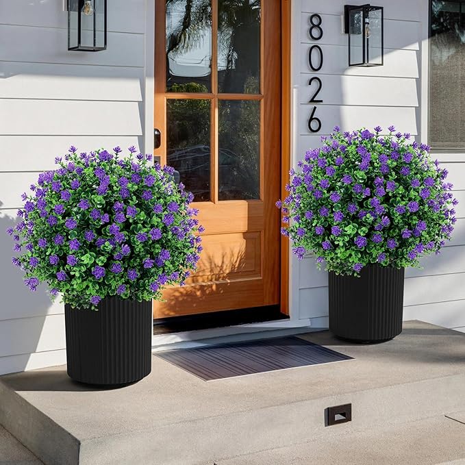 Artificial Purple flower Topiary Ball Tree 25" with Ground Spike, Set of 2 Artificial Boxwood Bushes for Faux Shrubs, Fake Evergreen Faux Plant for Indoor Outdoor Garden -UV Resistant–Fade-Proof-VerdiqueGarden