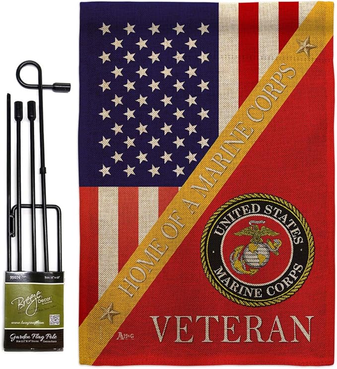 Home of Marine Corps Burlap Garden Flag - Set with Stand Armed Forces USMC Semper Fi United State American Military Veteran Retire Official House Banner Cemetery Yard Rememberance Veterans Day Gifts-VerdiqueGarden
