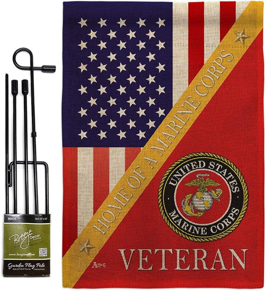 Home of Marine Corps Burlap Garden Flag - Set with Stand Armed Forces USMC Semper Fi United State American Military Veteran Retire Official House Banner Cemetery Yard Rememberance Veterans Day Gifts-VerdiqueGarden