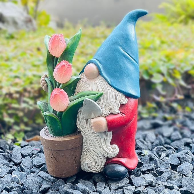 Garden Gnome Statue, Sculpture of a Dwarf Holding a Shovel and a Flower Pot, Solar Gnome Statues Outdoor Decor, Outside Lawn Patio Yard Ornament Gifts-VerdiqueGarden
