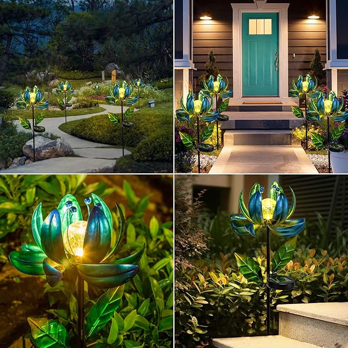 Huaxu Solar Outdoor Lights 35.4In Garden Decor Flower Wind Spinners,Waterproof LED Crackle Glass Globe Blue Lotus Art Metal Stake for Lawn Patio Pathway Yard Porch Driveway Decorations Gift-VerdiqueGarden