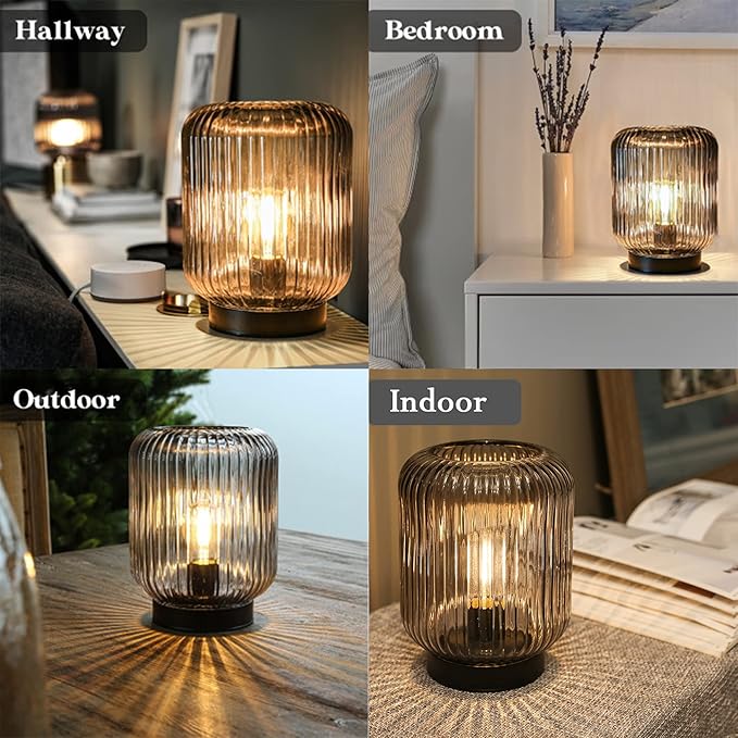 Battery Operated Lamp, Cordless Table Lamps for Home Decor, Battery Powered Nightlight with LED Bulb, Decorative Glass Beside Lamp for Bedroom Living Room-Grey-VerdiqueGarden