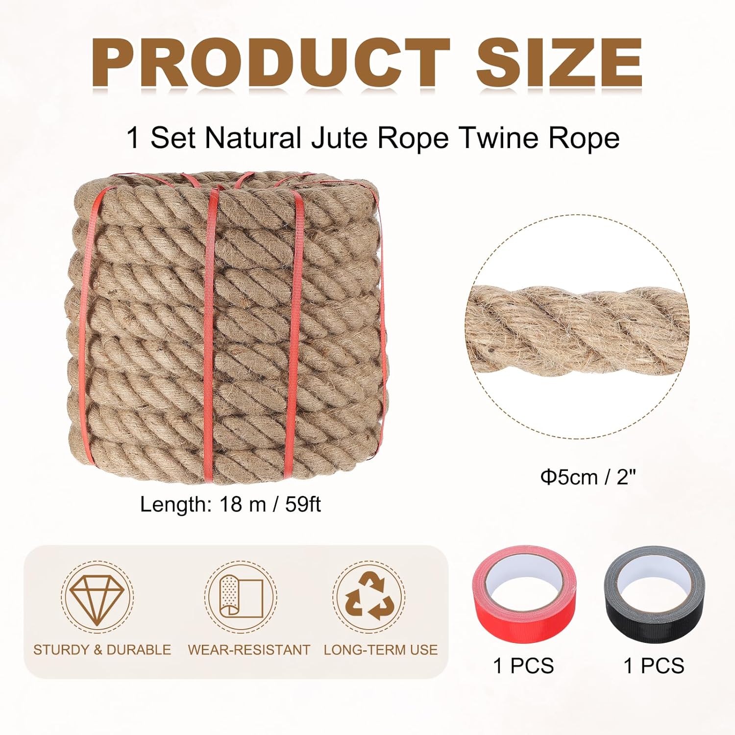 MECCANIXITY Jute Rope 2 Inch x 59ft, Thick Twine Rope Ropes Braided Jute Twine Natural Brown Burlap Cord String Heavy Twisted with Tapes for Decorative Crafts Railing Swing Tug of War-VerdiqueGarden