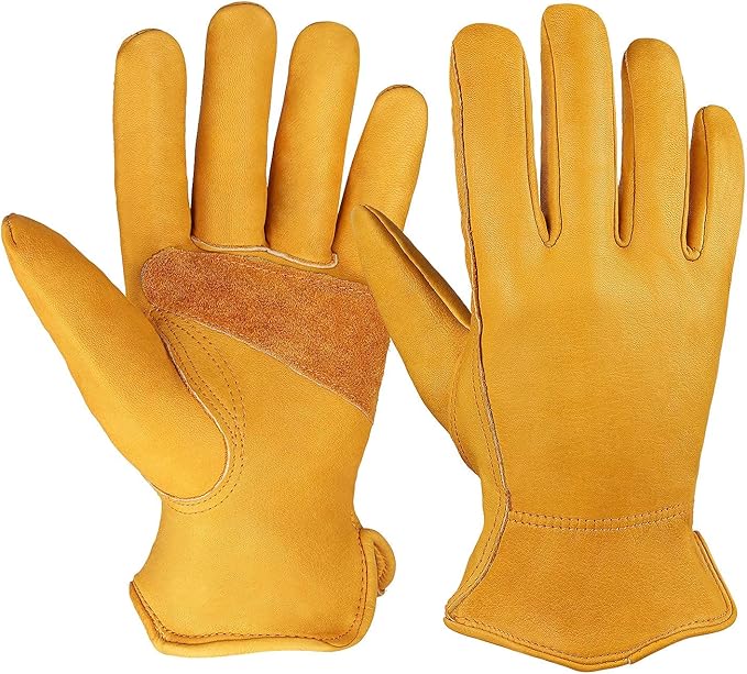 OZERO Flex Grip Leather Work Gloves Stretchable Wrist Tough Cowhide Working Glove 1 Pair (Gold, Large)-VerdiqueGarden