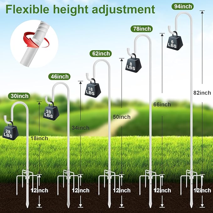 Hummingbird Feeder Stand Pole -30 inch Shepherds Hooks for Outdoor Garden Decor, 5 Prong Bird Feeder Pole for Hanging Birdfeeders,Plant,String Light - Heavy Duty Wind Chime Stand,Shepards Hook-White-VerdiqueGarden