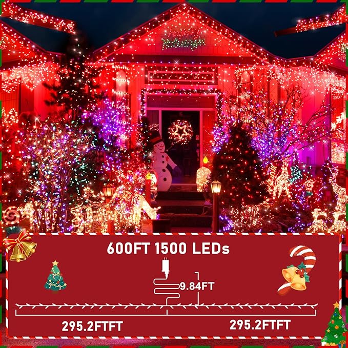 KNONEW 600ft 1500 LED String Lights Outdoor Christmas Lights 8 Modes & Timer Fairy Light Plug in Waterproof LED String Lights for Xmas Yard Tree Wedding Party Holiday Decorations (Red)-VerdiqueGarden