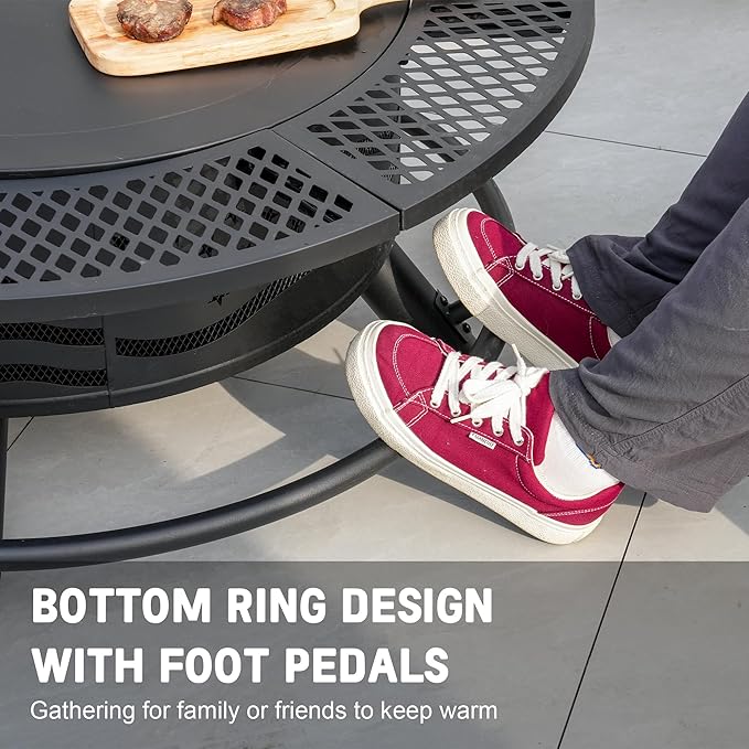 42 Inch Fire Pit with 2 Cooking Grates, Outdoor Wood Burning BBQ Grill Firepit Bowl with Cover Lid, Steel Round Table for Backyard Bonfire Patio Picnic (Black, 42)-VerdiqueGarden