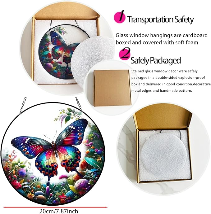 RIVEENY Butterfly Stained Glass Window Hangings, 8" Monarch Butterfly Hanging Stained Glass for Windows, Sun Catcher Garden Hangings Christmas Mother's Day, Valentine's Day Ornaments Festival Gift-VerdiqueGarden