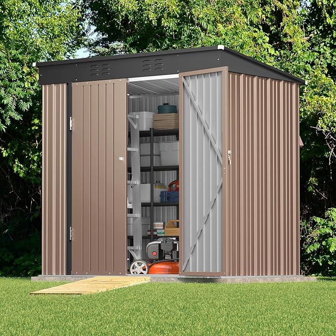 Gizoon 6' x 4' Outdoor Storage Shed with Double Lockable Doors, Anti-Corrosion Metal Garden Shed, Waterproof Shed Outdoor Storage Clearance for Backyard Patio Lawn-Brown-VerdiqueGarden