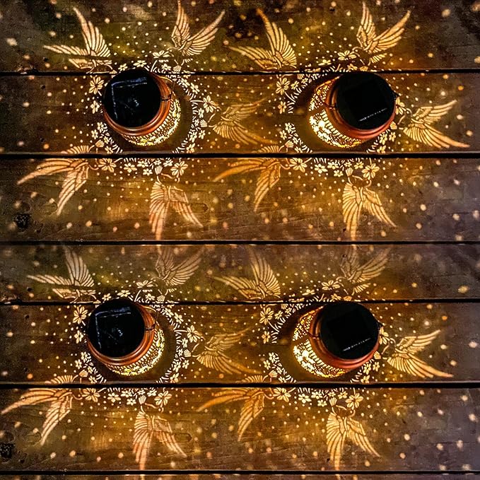 4 Packs Solar Lanterns Outdoor Hanging Lantern Lights, 4 Hummingbirds Hollowed-Out Metal Decor Lantern, Waterproof LED Decorative Garden Light Gifts-VerdiqueGarden