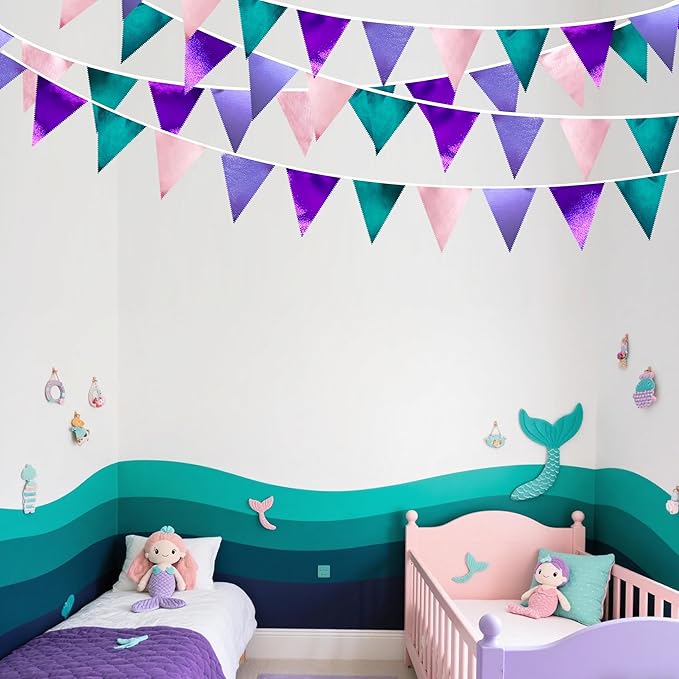 Mermaid Party Decorations Purple Pink and Teal Aqua Metallic Fabric Triangle Pennant Banner Flag Bunting Garland for Mermaid Under the Sea Birthday Wedding Baby Shower Engagement Party Supplies-VerdiqueGarden