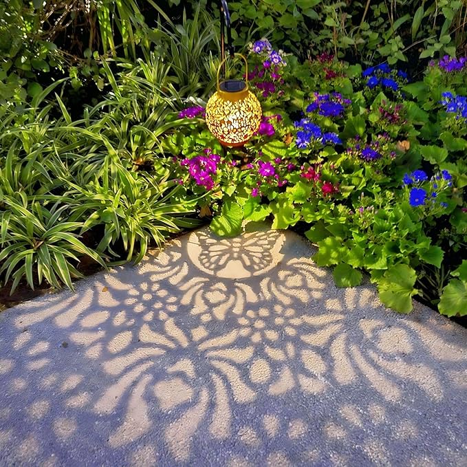 2 Pack Outdoor Solar Hanging Lantern Lights Metal LED Decorative Lamp for Garden Patio Courtyard Lawn and Table with Hollowed-Out Design (Sunset Blaze)-VerdiqueGarden