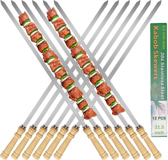21.5 inch Long Flat Skewers for Kabobs (12 PCS),0.4" Wide 304 Stainless Steel Barbecue Kebab Skewers for Grilling with Wood Handle,Durable for BBQ Metal Kabob Skewer Sticks for Outdoor-VerdiqueGarden