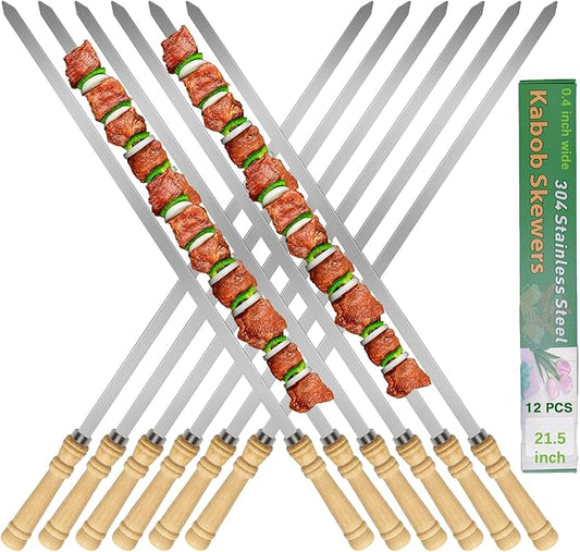 21.5 inch Long Flat Skewers for Kabobs (12 PCS),0.4" Wide 304 Stainless Steel Barbecue Kebab Skewers for Grilling with Wood Handle,Durable for BBQ Metal Kabob Skewer Sticks for Outdoor-VerdiqueGarden