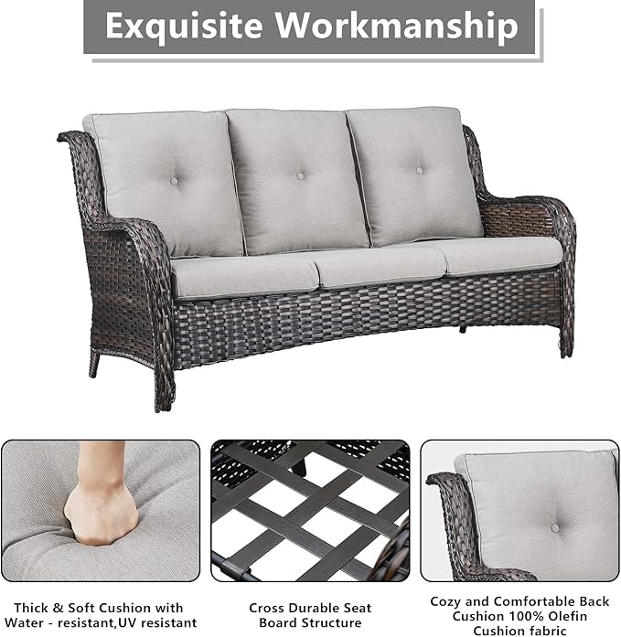 Outdoor Wicker Patio Furniture Set - 5 Piece Rattan Patio Conversation Set with 2 Rocking Swivel Chairs,2 Ottomans and 1 Sofa for Porch Deck Backyard Garden(Brown/Beige)-VerdiqueGarden