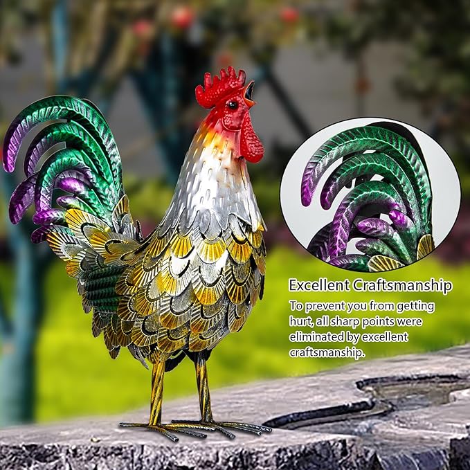 XONOR Metal Rooster Statues, Garden Chicken Decorations, Outdoor Chicken Sculpture, Metal Yard Rooster Artwork for Outdoor, Patio, Backyard and Home Kitchen Decoration (1pc, Vintage Golden)-VerdiqueGarden