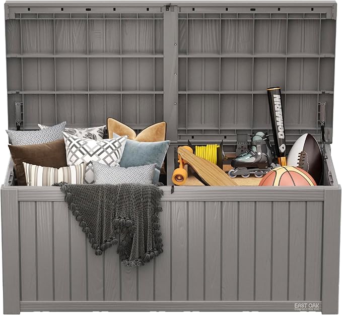 EAST OAK Outdoor Storage Box, 150 Gallon Deck Box, Large Resin Storage Bin for Patio Cushions, Gardening Tools, Lockable, Waterproof and UV Resistant, Grey-VerdiqueGarden