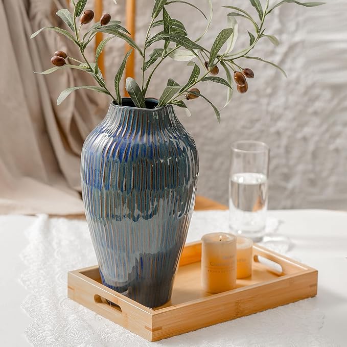 Blue Ceramic Vase for Home Decor,11.6 Inch Flower Vase，Decorative Vases for Pampas Grass，Modern Art Texture Vases for Home Entryway Living Room Dining Table Farmhouse Office Decor-Blue-VerdiqueGarden