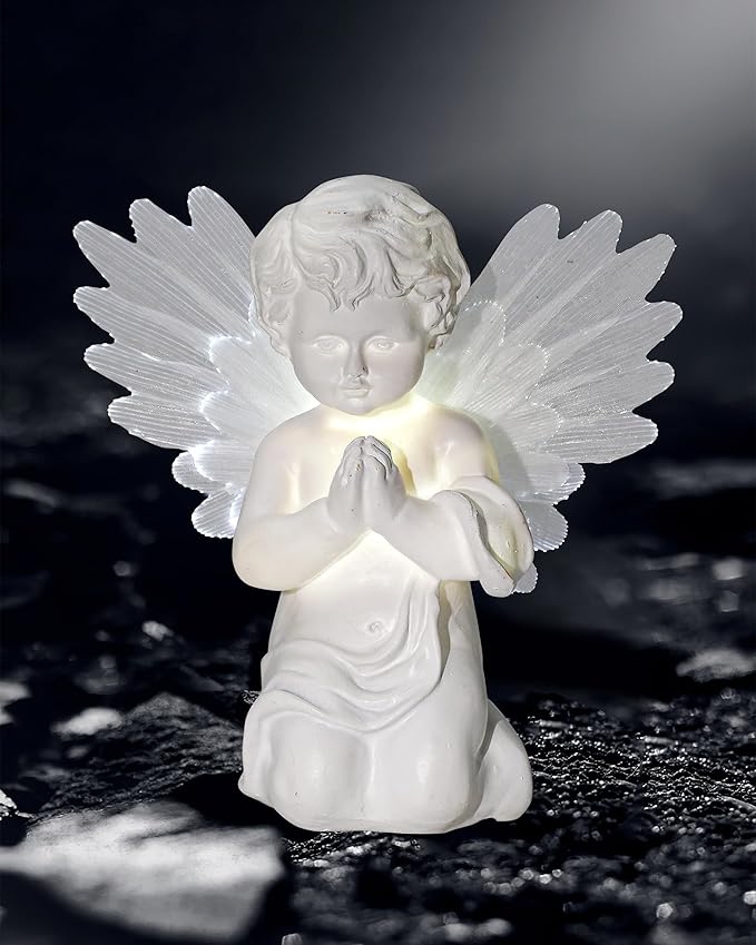 iStatue Solar Praying Cherub Angel Light with Fibre Optic Wings - 7.1'' Sympathy Remembrance Memorial Gift for Grave Ornaments Garden Decor (Kneeling Angel)-VerdiqueGarden