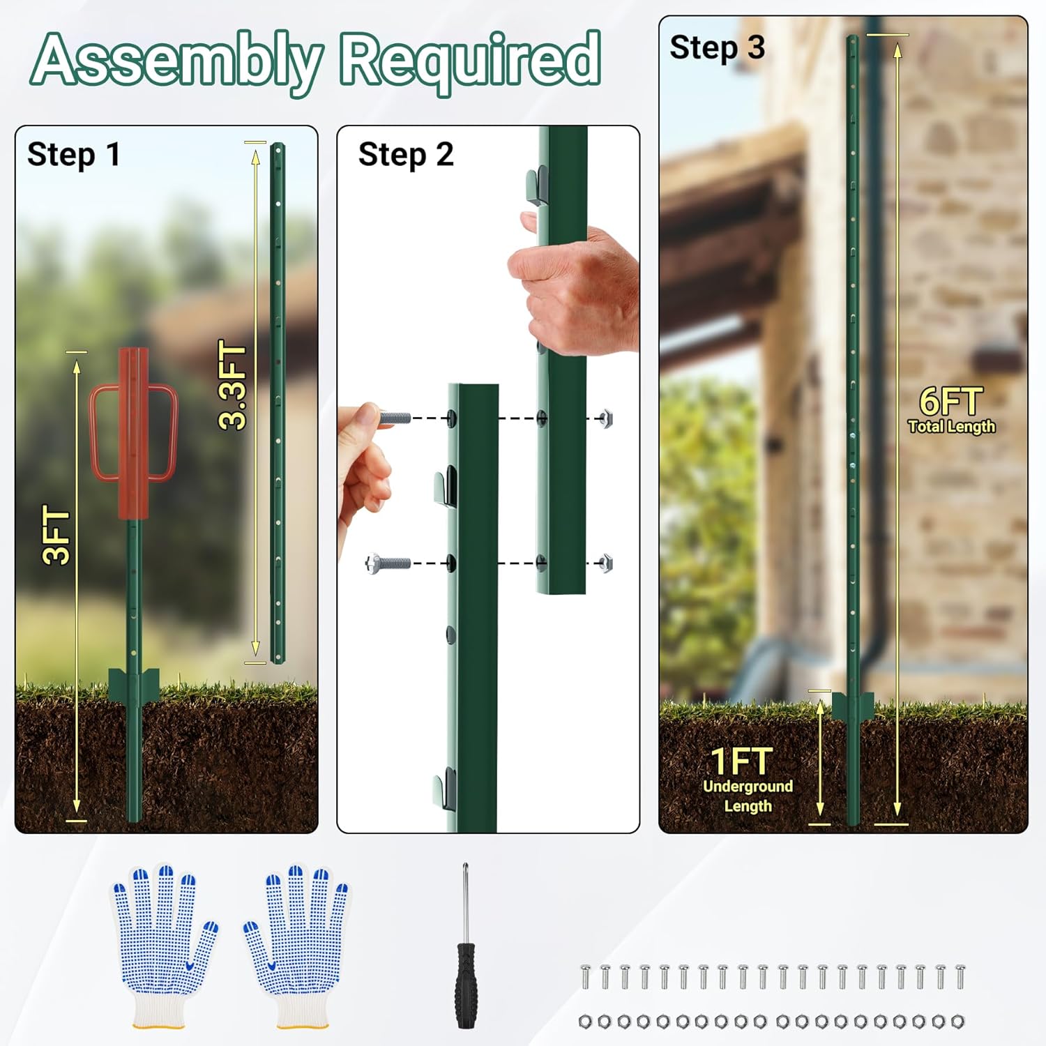 Fence Posts 6 Ft - 8 Pack, Requires Manual Assembly - Heavy Duty Metal Fence Post, No Dig U Post for Farm, Garden, Orchard and Outdoor Wire Fencing (Green)-VerdiqueGarden