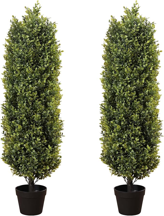 4ft Artificial Boxwood Topiary Trees (Set of 2) - UV Resistant Faux Plants for Outdoor/Indoor, Realistic 48in Fake Bushes and Shrubs for Front Porch, Planter, Patio - Low Maintenance & Evergreen-VerdiqueGarden