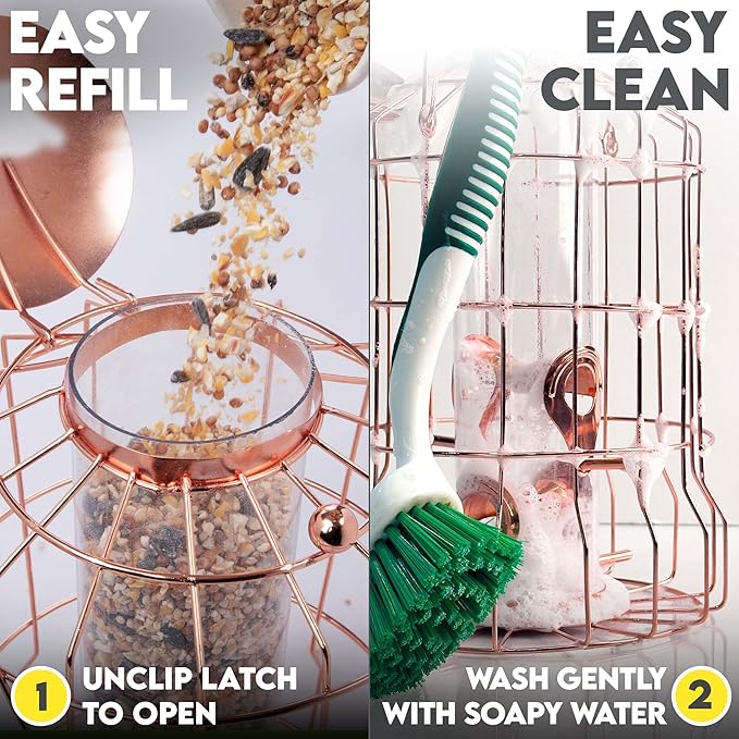 Squirrel Proof Bird Feeder for Outdoors Hanging (Metal Rose Gold) Bird Feeder with 4 Ports, Chew-Proof & Weather Resistant, Backyard Gift (10.25 x 6.25 x 6.25 inches)-VerdiqueGarden